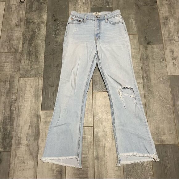 Comune Alamo Kick Flare Distressed Sand Washed cropped Frayed Hi Rise jean 25 - Picture 1 of 6